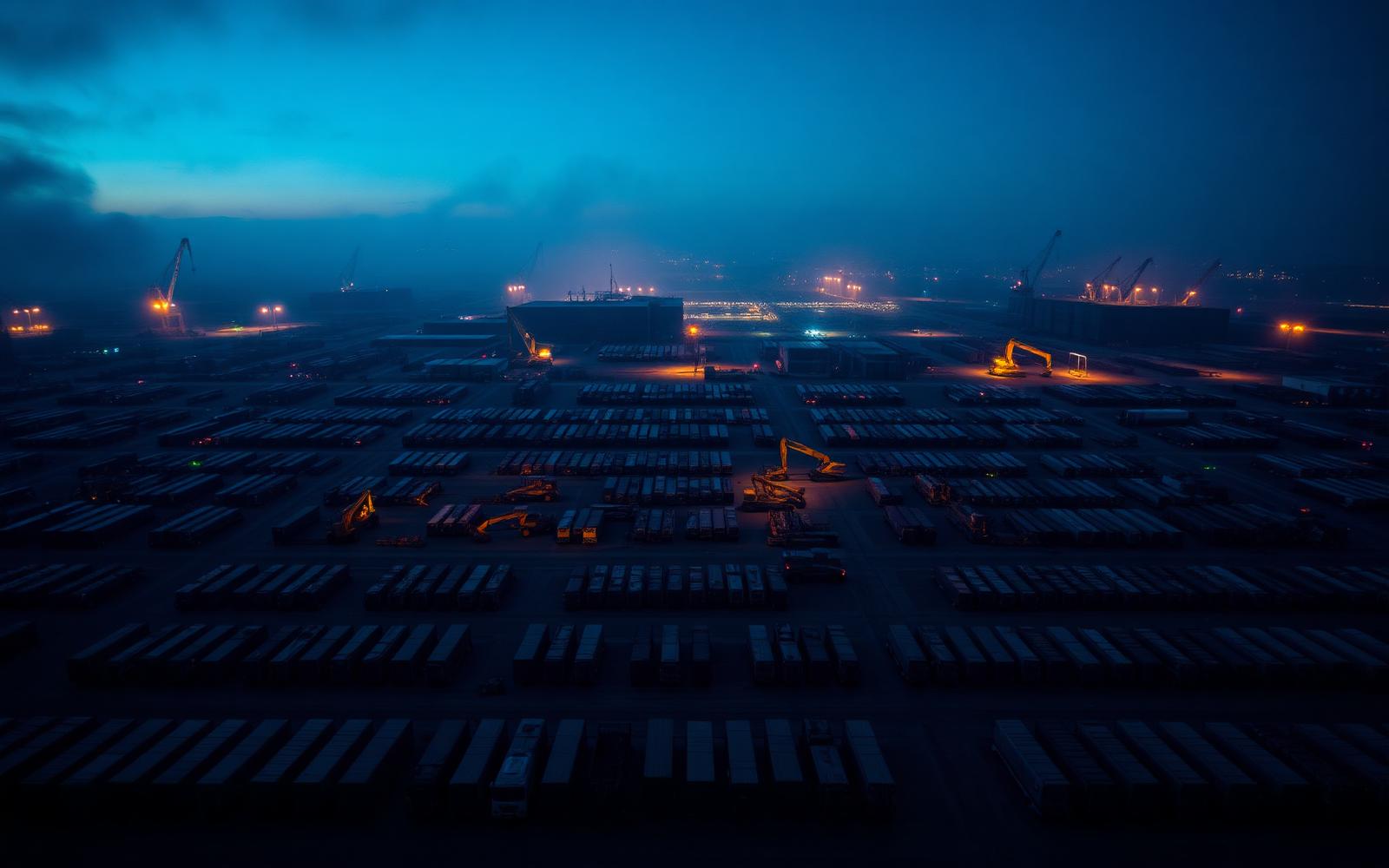 Aerial view of a heavy equipment yard with trucks and machinery